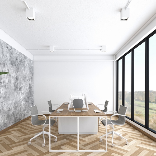 Industrial minimalist style office room with wood desk, wood floor and concrete wall. 3d rendering